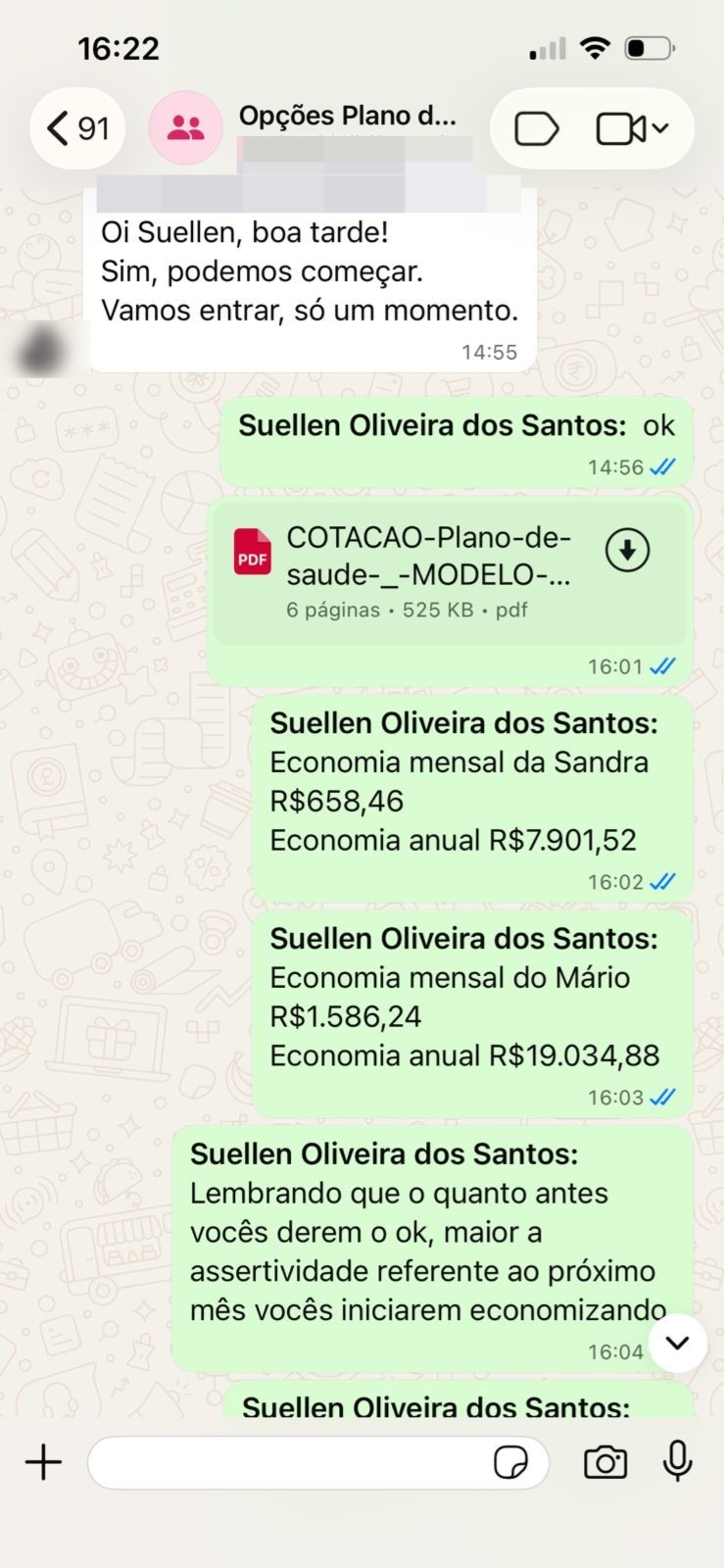 Print de conversa no WhatsApp com cliente Cintia e Ruan